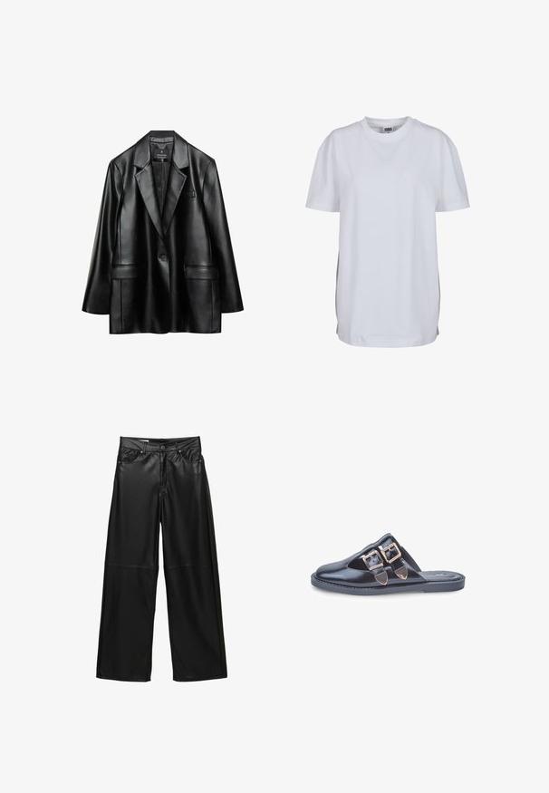 Černý faux kůže blazer s klopami, zapínáním na jeden knoflík a dvěma předními kapsami, s hladkou, lesklou texturou.; Bílý krátký rukáv bavlněného trička s kulatým výstřihem a volným střihem, bez viditelných vzorů nebo grafik.; Černé kalhoty z umělé kůže s širokými nohavicemi, předními kapsami, poutky na opasek, zapínáním na knoflík a švy pod koleny.; Černé kožené špičaté muly bez zapínání s dvěma zlatými sponami na svršku, plochá gumová podrážka, vyfocené na bílém pozadí.