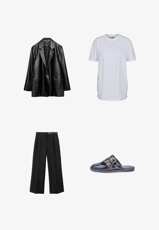 Czarna marynarka z sztucznej skóry z klapami, jedną guzikową zapięciem i dwiema przednimi kieszeniami, charakteryzująca się gładką, błyszczącą fakturą.; Biała koszulka z krótkim rękawem z bawełny, z okrągłym dekoltem i luźnym krojem, bez widocznych wzorów czy grafik.; Czarne szerokie spodnie z tkaniny, z paskiem w talii, fałdami i gładką fakturą.; Czarne skórzane klapki typu mule z szpiczastym noskiem i dwoma złotymi klamrami na górze, płaska gumowa podeszwa, sfotografowane na białym tle.