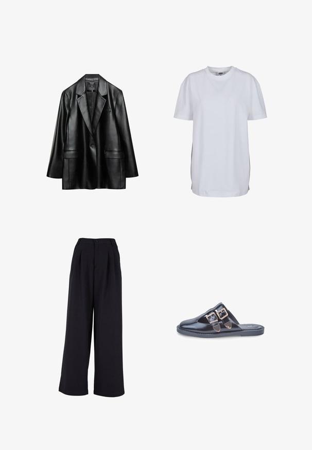 Čierna umelá kožená sako s vykrojenými klopami, uzatváraním na jedno tlačidlo a dvoma prednými vreckami, s hladkou, lesklou textúrou.; Biely tričko s krátkym rukávom vyrobené z bavlny, s okrúhlym výstrihom a voľným strihom, bez viditeľných vzorov alebo grafiky.; Široké nohavice v čiernej látke, so záhybmi na prednej strane, zapínaním na gombík a hladkou textúrou. Strih prispôsobený postave s vysokým pásom.; Čierne kožené sklzu muly s ostrou špičkou a dvoma zlatými prackami na päte, plochá gumená podrážka, vyfotografované na bielom pozadí.