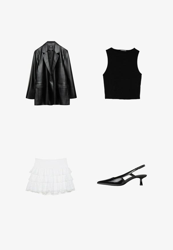 Sort faux læder blazer med spidse revers, enkelt knaplukning og to frontlommer, der har en glat, skinnende tekstur.; Sort ærmeløs crop top lavet af glat stof, med rund hals og et rent, enkelt design uden mønstre eller hardware.; Hvid, lagdelt mini nederdel lavet af struktureret blonde med tre lag. Elastisk talje giver stræk. Ingen yderligere dekorationer.; Sorte patentlæder slingback hæle med spids tå, udskåret sideskærm og en lille firkantet hæl. Glat tekstur med minimale detaljer.