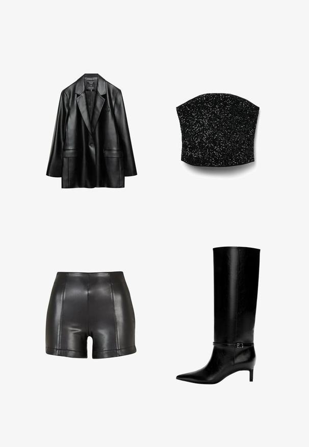 Czarna marynarka z sztucznej skóry z klapami, jedną guzikową zapięciem i dwiema przednimi kieszeniami, charakteryzująca się gładką, błyszczącą fakturą.; Czarny top z cekinami w kształcie gorsetu, o wyraźnej strukturze, gładkiej teksturze i dopasowanym fasonie. Posiada migoczące cekiny w płynącym wzorze.; Czarne szorty z imitacji skóry z wysokim stanem, gładką fakturą oraz widocznym szwem na przodzie i wykończeniu.; Czarne skórzane wysokie botki z ostrym noskiem i niskim obcasem. Posiadają wąski pasek z metalową klamrą wokół kostki. Gładka tekstura.