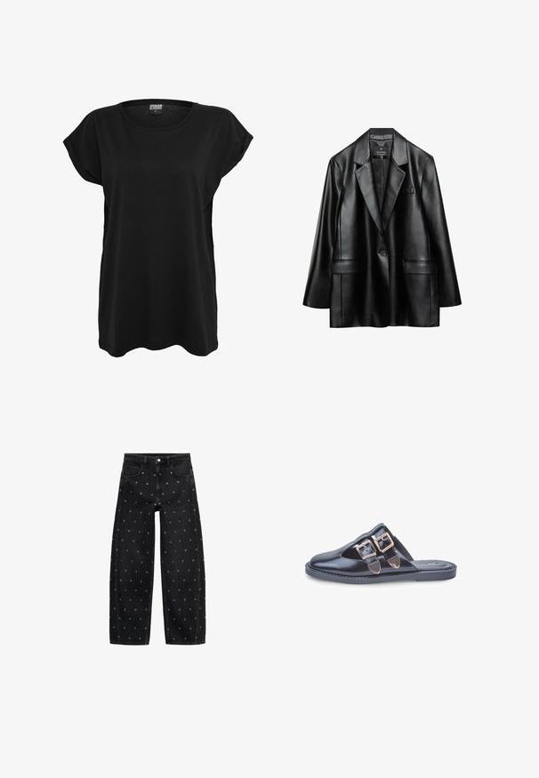 Czarna marynarka z sztucznej skóry z klapami, jedną guzikową zapięciem i dwiema przednimi kieszeniami, charakteryzująca się gładką, błyszczącą fakturą.; Czarna bawełniana koszulka z krótkim rękawem, okrągłym dekoltem i luźnym krojem. Posiada metkę na kołnierzyku. Gładka tekstura i prosty design.; Czarne dżinsy o szerokich nogawkach z wzorem małych srebrnych grommetów, z klasycznym pięciokomorowym krojem i zapięciem na guziki.; Czarne skórzane klapki typu mule z szpiczastym noskiem i dwoma złotymi klamrami na górze, płaska gumowa podeszwa, sfotografowane na białym tle.