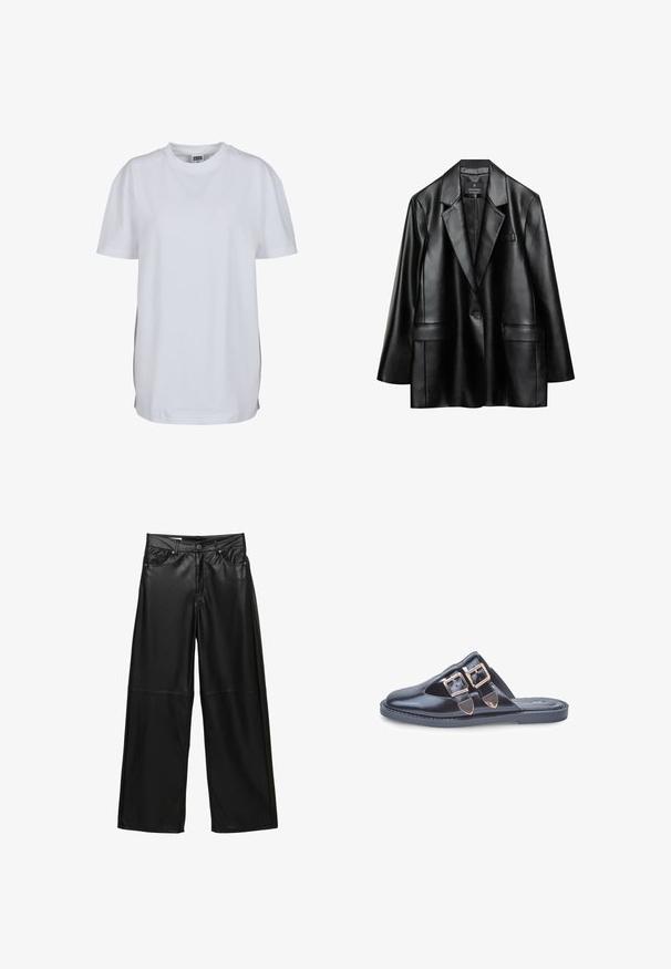 Sort faux læder blazer med spidse revers, enkelt knaplukning og to frontlommer, der har en glat, skinnende tekstur.; Hvid kortærmet T-shirt lavet af bomuld, med rund hals og en afslappet pasform, uden synlige mønstre eller grafik.; Sorte kunstlæder bukser med bred benvidde, frontlommer, bæltestropper, knaplukning og sømdetaljer under knæene.; Sort læder slip-on mule med spidse tæer og to gyldne spænder på overdelen, flad gummisål, fotograferet på hvid baggrund.