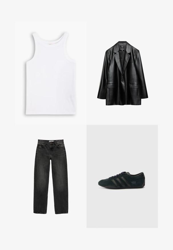 Crni blazer od umjetne kože s izrezanim reverima, jednim dugmetom i dva prednja džepa, s glatkom, sjajnom teksturom.; Bela pamučna majica bez rukava s širokim naramenicama, okruglim izrezom i glatkom, rebrastom teksturom. Nema uzoraka ili ukrasa.; Crne traperice od denima s opuštenim krojem, ravnim nogavicama, dizajnom s pet džepova i blago izblijedjelom teksturom. Zaključavanje na dugme i patentni zatvarač sprijeda.; Crna sportska cipela od antilopa s tri crne pruge, zaobljenim vrhom i ravnim đonom s diskretnim logotipom na peti.