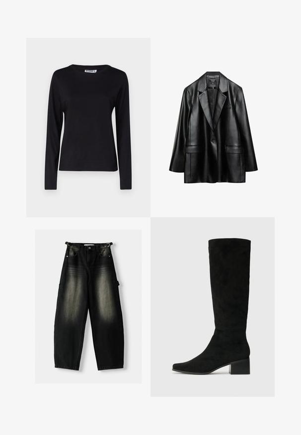Čierna umelá kožená sako s vykrojenými klopami, uzatváraním na jedno tlačidlo a dvoma prednými vreckami, s hladkou, lesklou textúrou.; Dlhý rukáv, čierne tričko s okrúhlym výstrihom vyrobené z mäkkej bavlny, s jednoduchým dizajnom, minimom švov a bez viditeľnej grafiky.; Voľné čierne deninové nohavice s vyblednutou textúrou, piatimi vreckami a poutkom na páse. Dizajn sa vyznačuje voľným strihom a rovnými nohavicami.; Čierne semišové čižmy po kolená s špicatou špičkou a robustným štvorcovým podpätkom, ktoré majú hladký povrch a minimalistický dizajn.