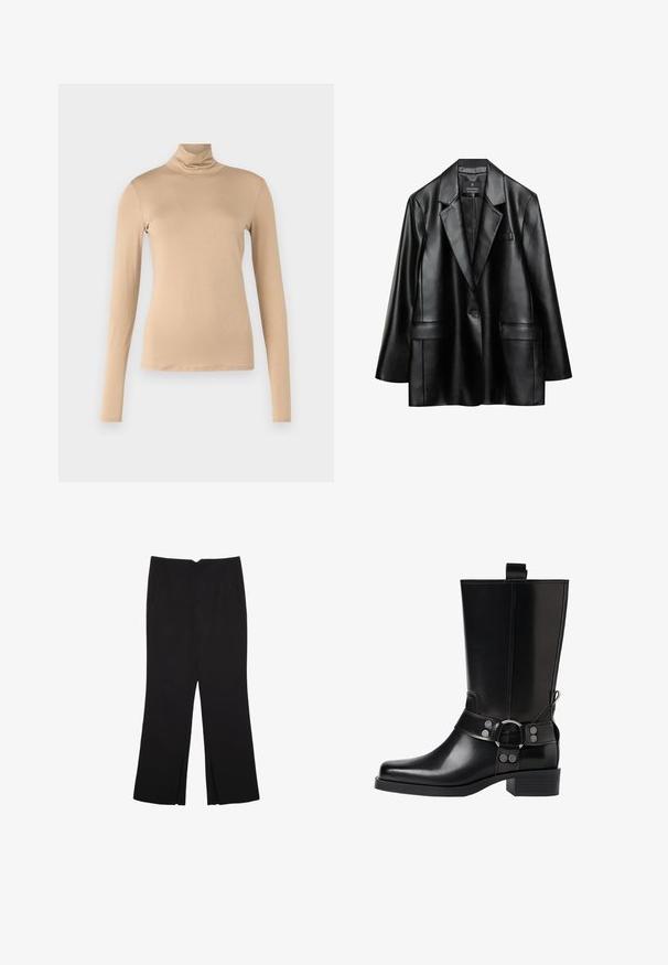 Blazer in ecopelle nera con revers a punta, chiusura con un bottone e due tasche frontali, caratterizzato da una texture liscia e lucida.; WEEKEND MaxMara MULTIF - Maglietta a manica lunga - cammello; Pantaloni neri a gamba dritta, con tasche frontali e spacchi laterali all'orlo. Realizzati in tessuto morbido e liscio. Adatti a diverse occasioni.; Stivale in pelle nera alto fino al ginocchio con punta affusolata, dettagli in argento e tacco largo. Presenta un inserto per facilitare l'indossamento.