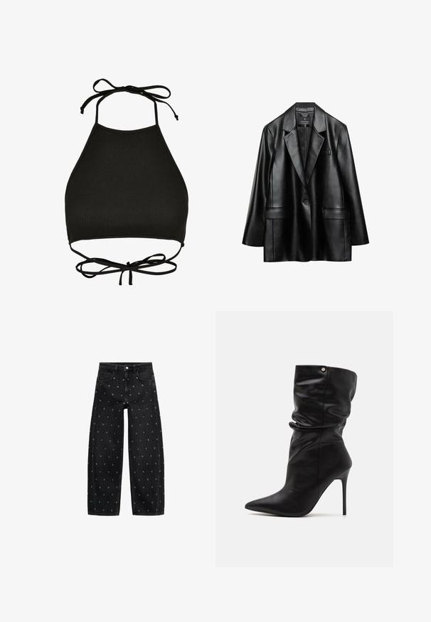 Svart faux läder blazer med snedskurna slag, enkel knappstängning och två framfickor, med en slät, glansig yta.; Svart halterneck-bikiniöverdel i ribbat tyg; har justerbara nackband och en urtagning på baksidan med en knytning.; Svarta denimbyxor i vida ben med ett mönster av små silverfärgade öglor, i en klassisk fem-fickdesign och med knappringning fram.; Even&Odd Wide Fit Klassiska stövletter - black