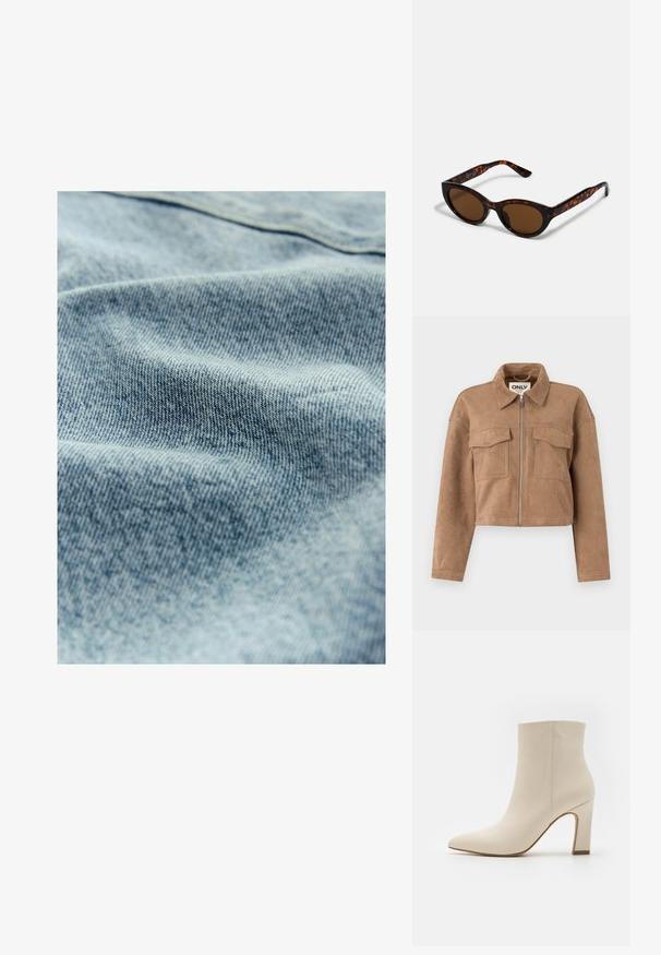 Chaqueta corta marrón hecha de ante suave, con mangas largas, cierre de cremallera y dos bolsillos en el pecho. Presenta acentos de costura visibles.; Tela de mezclilla azul claro con una sutil textura y un patrón de tejido visible, mostrando ligeras variaciones en color y suavidad.; Madden Girl SPIN - Botines de tacón - white paris; Gafas de sol de carey marrón con una forma vintage de ojo de gato y lentes marrones. Presentan brazos curvados con acentos rojos.