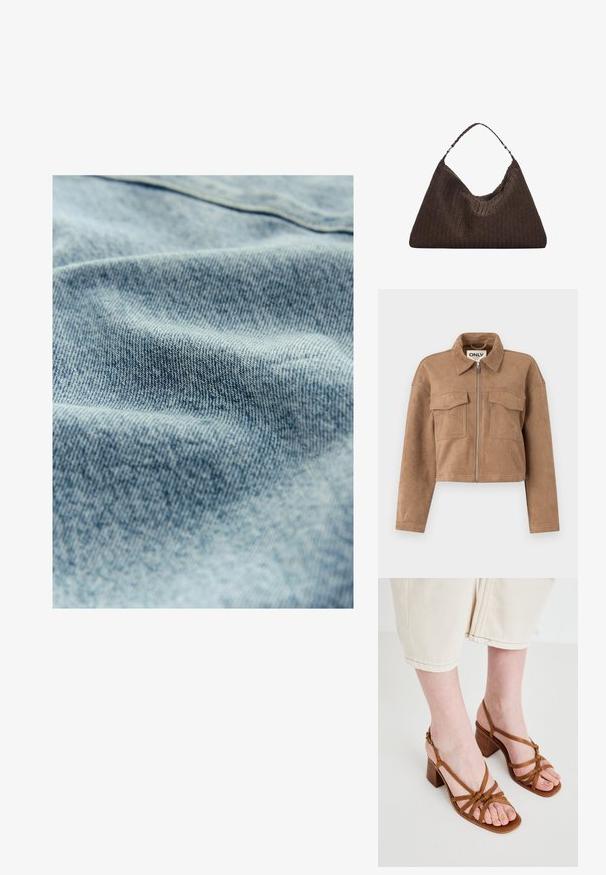 Brun kort jacka i mjuk mocka med långa ärmar, dragkedjeslutning och två bröstfickor. Har synliga sömnadsdetaljer.; Ljusblå denimtyg med en subtil struktur och synligt vävmönster, som visar små variationer i färg och mjukhet.; Bruna remsandaler med hög klack och kraftig klack, med knutna remmar och öppen tådesign. Strukturerad sula och justerbar vristrem.; Brun vävd läderhandväska med en slapp, triangulär form. Har ett flätat handtag och en dragkedjestängning längs toppen.