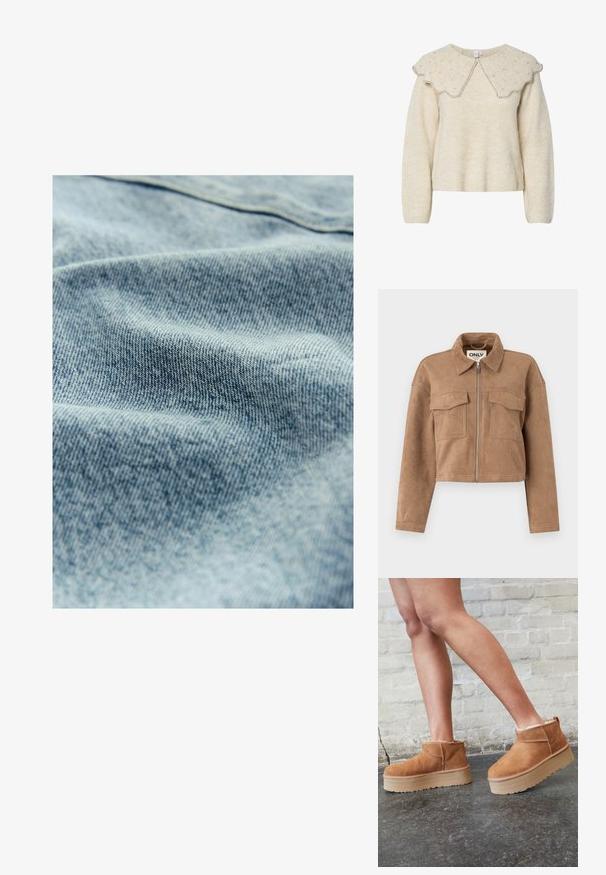 Brun kort jacka i mjuk mocka med långa ärmar, dragkedjeslutning och två bröstfickor. Har synliga sömnadsdetaljer.; Krämfärgad tröja med en scalloped krage och silverpärlprydnader. Tillverkad av ett strukturerat, mjukt tyg. Har lång ärm och en avslappnad passform.; Ljusblå denimtyg med en subtil struktur och synligt vävmönster, som visar små variationer i färg och mjukhet.; Bruna mocka ankelskor med en fluffig foder, tjock beige plattformssula och en dragflik bak. Texturerad yta med synliga sömdetaljer.
