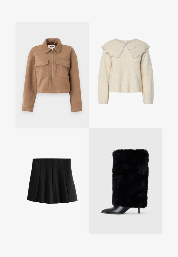 Ruda trumpa striukė, pagaminta iš minkštos zomšos, su ilgomis rankovėmis, užtrauktuku ir dviem krūtinės kišenėmis. Pabrėžti matomi siūlės akcentai.; Kreminės spalvos megztinis su gofruotu apykakle ir sidabro spalvos karoliukų akcentais. Pagamintas iš tekstūruotos, minkštos medžiagos. Turi ilgas rankoves ir laisvą siluetą.; Juoda plisuota mini sijonas su lygiu juosmens juostu ir struktūruotais apvertais dėžutės pletiniais, izoliuotas ant baltos fono.; Juodi aulinukai iki kulkšnies su smailiu pirštu ir stiletto aukštu kulnu, turintys prabangų juodą dirbtinio kailio auliuką. Slydus odos akcentas ant piršto.