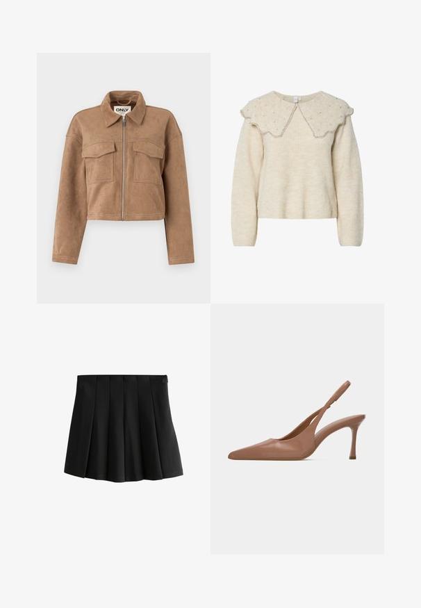 Jachetă scurtă maro din suede moale, cu mâneci lungi, închidere prin fermoar și două buzunare la piept. Prezintă accente de cusături vizibile.; Pulover de culoare crem cu guler ondulat și accente din mărgele de argint. Fabricat dintr-un material texturat și moale. Are mâneci lungi și o croială lejeră.; Fustă mini neagră plisată, cu un brau neted și plisuri inverse structurale, izolată pe un fundal alb.; Pantofi slingback cu vârf ascuțit, lucioși, de culoare maro, cu toc stiletto de înălțime medie, pe un fundal alb simplu.
