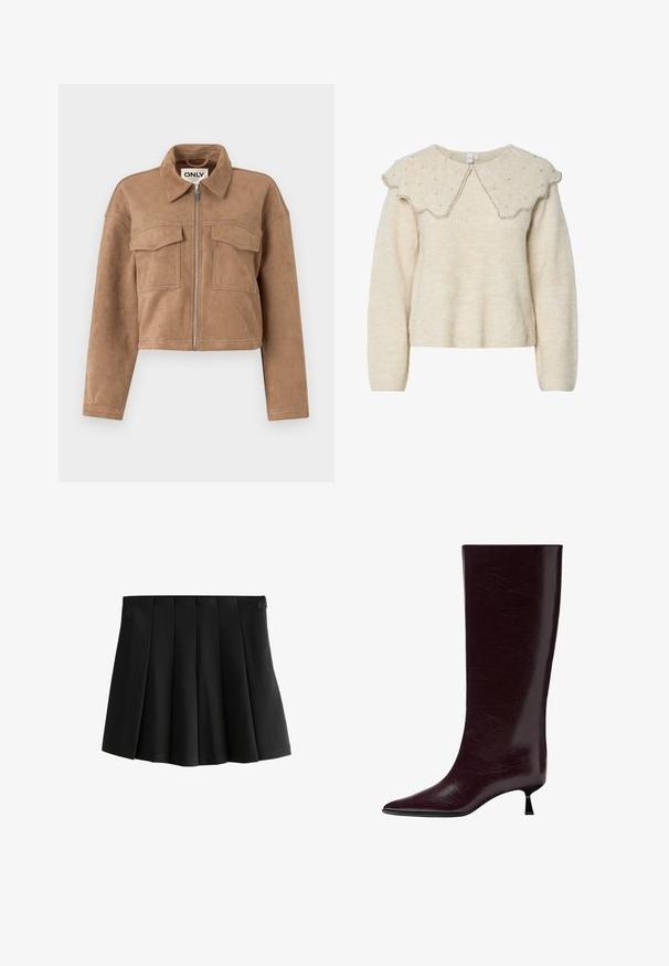 Veste cropped marron en daim doux avec des manches longues, une fermeture éclair et deux poches poitrine. Présente des accents de couture visibles.; Pull crème avec un col festonné et des accents en perles argentées. Fabriqué à partir d'un tissu texturé et doux. Dispose de manches longues et d'une coupe décontractée.; Jupe mini plissée noire avec une taille lisse et des plis déstructurés en forme de boîte inversée, isolée sur fond blanc.; Botte en cuir bordeaux montée jusqu'au genou avec une finition lisse et texturée, un bout pointu et un talon fin empilé pour un supplément de hauteur.
