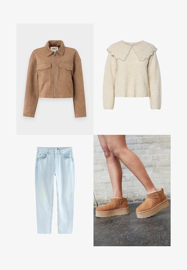 Brun kort jacka i mjuk mocka med långa ärmar, dragkedjeslutning och två bröstfickor. Har synliga sömnadsdetaljer.; Krämfärgad tröja med en scalloped krage och silverpärlprydnader. Tillverkad av ett strukturerat, mjukt tyg. Har lång ärm och en avslappnad passform.; Ljusblå raka jeans gjorda av denim med en blekt finish, med två framfickor, kontrasterande sömnad och knäppning.; Bruna mocka ankelskor med en fluffig foder, tjock beige plattformssula och en dragflik bak. Texturerad yta med synliga sömdetaljer.
