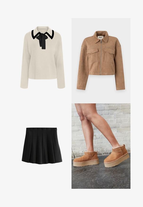 Veste cropped marron en daim doux avec des manches longues, une fermeture éclair et deux poches poitrine. Présente des accents de couture visibles.; Blouse beige à manches longues avec un col noir et un détail en nœud. Texture douce, coupe décontractée et conception courte.; Jupe mini plissée noire avec une taille lisse et des plis déstructurés en forme de boîte inversée, isolée sur fond blanc.; Bottines en suède marron avec une doublure en peluche, semelle épaisse en beige et une poignée à l'arrière. Surface texturée avec des détails de couture visibles.