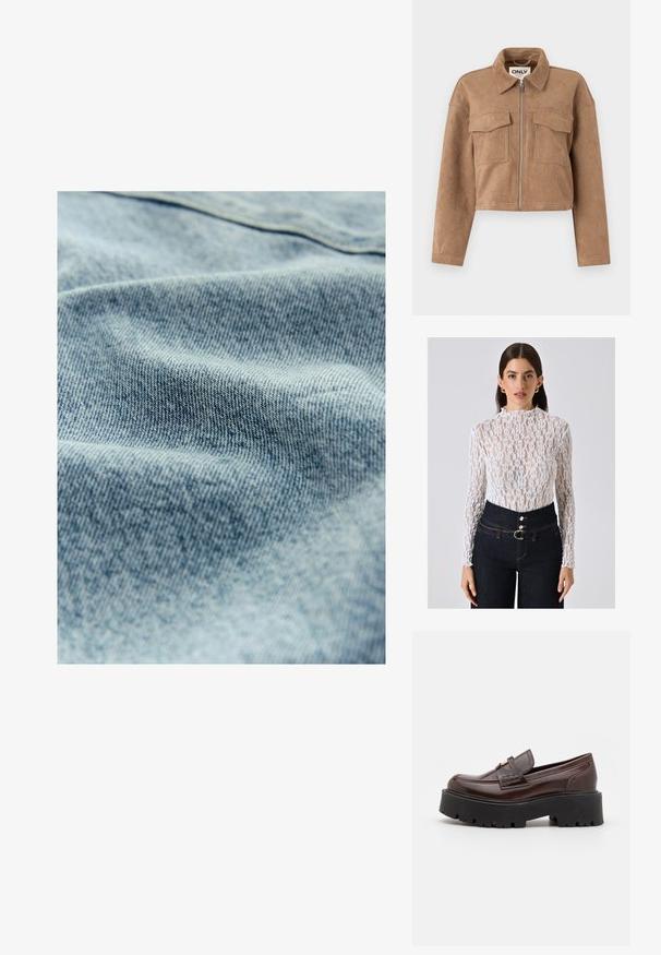 Braune, kurze Jacke aus weichem Wildleder mit langen Ärmeln, einem Reißverschluss und zwei Brusttaschen. Verfügt über sichtbare Steppnähte.; Weißes Spitzenshirt mit langen Ärmeln und hohem Kragen, das mit floralen Mustern und filigraner Textur verziert ist, kombiniert mit hochgeschnittenen dunklen Jeans.; Helles blaues Denim-Gewebe mit einer subtilen Textur und sichtbarem Webmuster, das leichte Farb- und Weichheitsvariationen aufweist.; Madden Girl CALISTA - Slipper - brown