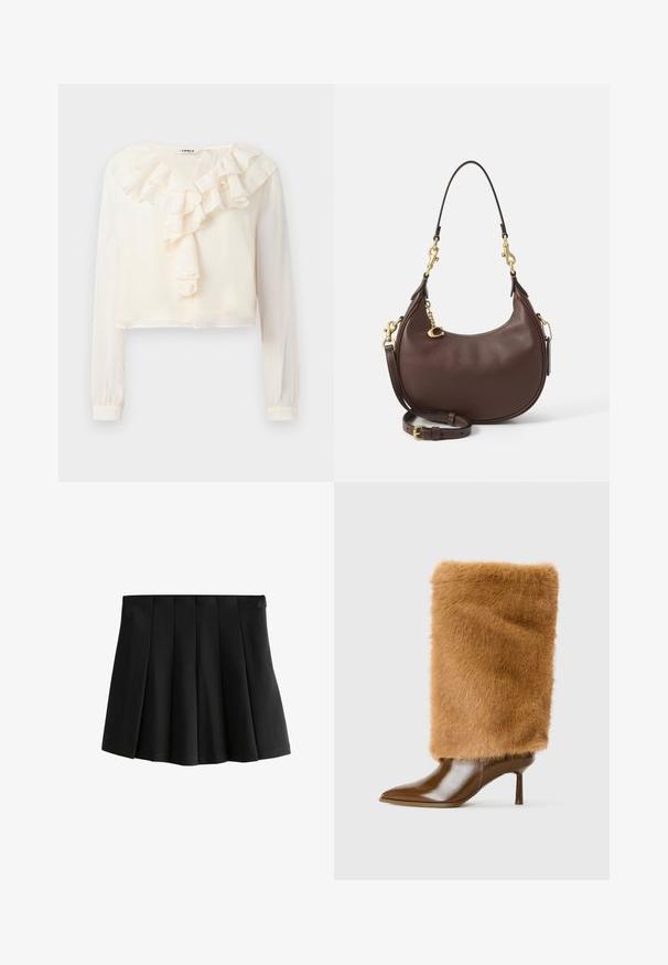 Brun cropped jakke lavet af blød ruskind med lange ærmer, lynlås lukning og to brystlommer. Har synlige stikninger som detaljer.; Hvid langærmet bluse med V-hals og rynket frontdetalje. Lavet af letvægtsstof, har et cropped design og blød tekstur.; Sort plisseret mini skirt med en glat talje og strukturerede omvendte boksplisseringer, isoleret på hvid baggrund.; Brun højhælet støvle med glat læder, spids tå og høj, fluffy pelskaft, der dækker anklen og den nederste del af læggen.; Brun læder hobo taske med en buet form, guldfarvet hardware, justerbar skulderrem og lynlåslukning. Accentueret med en charme.
