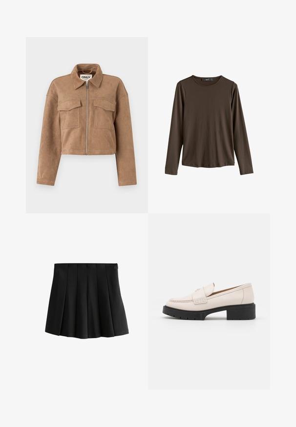 Ruskosävyinen lyhyt takki, joka on valmistettu pehmeästä nahasta, pitkillä hihoilla, vetoketjusuljenta ja kaksi rintataskua. Sisältää näkyviä ompelutikkoja.; Ruskea pitkähihainen paita, joka on valmistettu sileästä kankaasta. Siinä on pyöreä pääntie ja suora helma, eikä siinä ole näkyviä kuviota tai koristeita.; Musta laskostettu mini-hame, jossa on sileä vyötärö ja jämäkkä käänteinen laatikkolaskos, eristyksissä valkoisella taustalla.; Vaaleanbeige nahkaloaferit, joissa on ommeltu etuosa ja teksturoitu musta korko. Ominaisuuksiin kuuluu kaareva muotoilu ja kevyt kohotus.