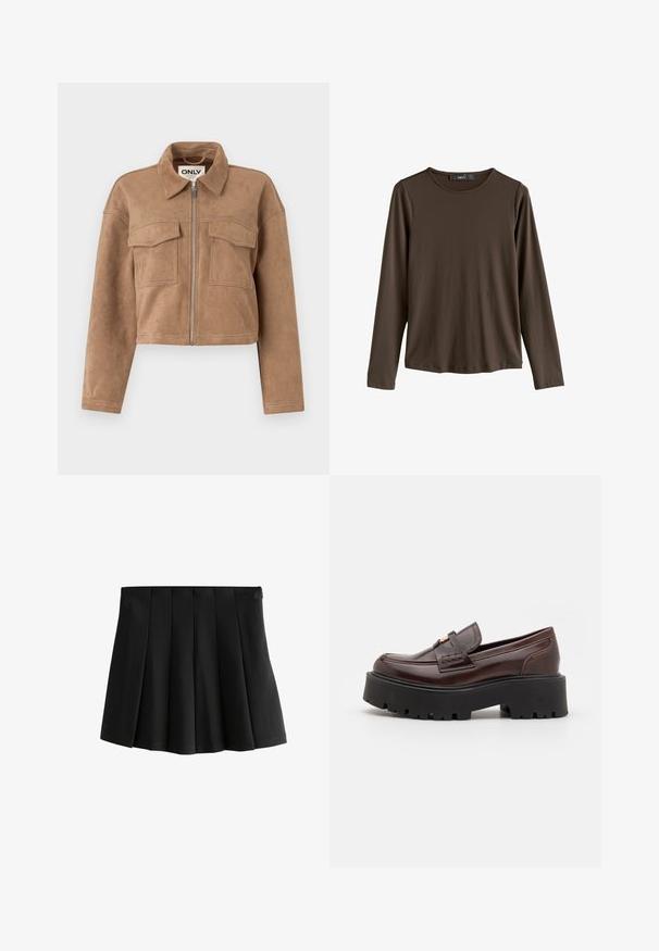 Veste cropped marron en daim doux avec des manches longues, une fermeture éclair et deux poches poitrine. Présente des accents de couture visibles.; Chemise marron à manches longues en tissu lisse. Elle présente un col rond et un ourlet droit, sans motifs ni accents visibles.; Jupe mini plissée noire avec une taille lisse et des plis déstructurés en forme de boîte inversée, isolée sur fond blanc.; Madden Girl CALISTA - Chaussons - brown
