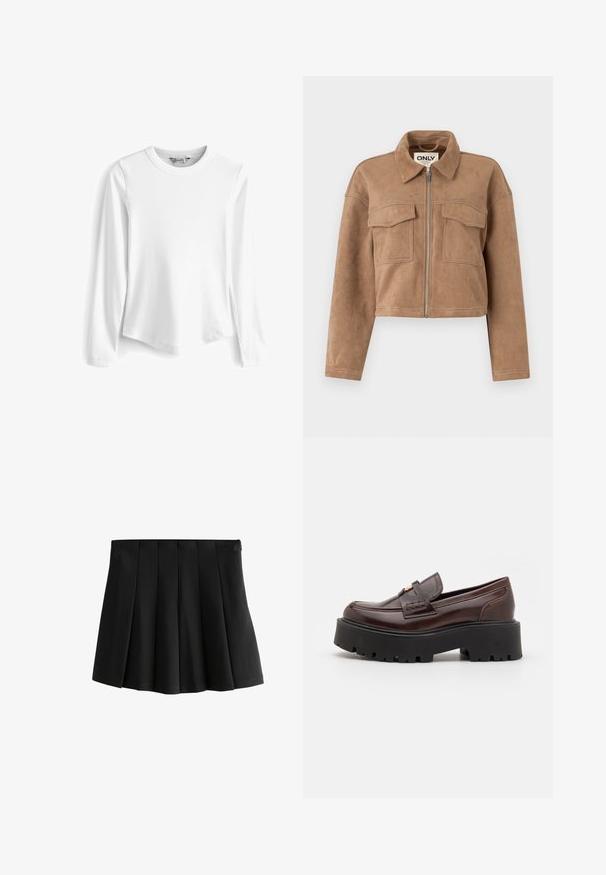 Chaqueta corta marrón hecha de ante suave, con mangas largas, cierre de cremallera y dos bolsillos en el pecho. Presenta acentos de costura visibles.; Camiseta blanca de manga larga, de cuello redondo y textura acanalada, con dobladillo redondeado y aberturas en los lados, hecha de una tela suave y texturizada.; Mini falda plisada negra con una cinturilla suave y pliegues estructurados en caja invertida, aislada sobre un fondo blanco.; Madden Girl CALISTA - Zapatos sin cordones - brown