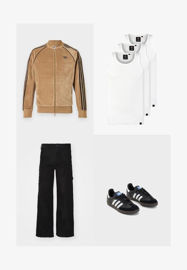 Samt Zip-up Jacke in Hellbraun, mit schwarzen seitlichen Streifen, gerippten Bündchen und einem gestickten Logo auf der linken Brust.; Drei weiße, gerippte Tanktops aus Baumwolle. Merkmale einen Rundhalsausschnitt und kleine schwarze Etiketten am Saum. In mehreren Größen erhältlich.; Schwarze Cargo-Hosen aus Baumwollmischung, mit lockerem Schnitt, zwei seitlichen Taschen, einem Knopfverschluss und einer glatten Textur mit einem dezenten Muster.; Schwarze Sneaker mit einem Obermaterial aus Wildleder und Synthetik, ausgestattet mit drei weißen Streifen, einer strukturierten Gummi-Sohle und einem blauen Logo-Tag auf der Zunge.