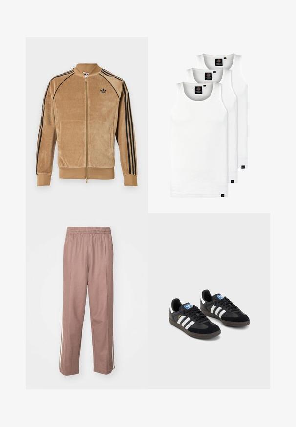 Casaco de veludo com fecho éclair em castanho claro, apresentando riscas laterais pretas, punhos canelados e um logótipo bordado no lado esquerdo do peito.; Três tops em algodão de alças brancas com nervuras. Apresentam um decote redondo e pequenas etiquetas pretas perto da bainha. Disponíveis em vários tamanhos.; Calças de desporto cor-de-rosa claro com cintura elástica, riscas laterais e design de perna reta. Feitas de material macio e elástico.; Sneakers pretos com parte superior em camurça e sintético, apresentando três riscas brancas, sola de borracha texturizada e etiqueta azul no linguete.
