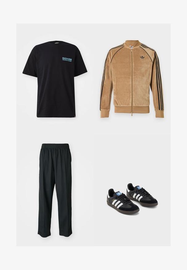 Βελούδινο τζάκετ με φερμουάρ σε ανοιχτό καφέ, με μαύρες λωρίδες στις πλευρές, ribbed μανσέτες και κεντημένο λογότυπο στην αριστερή πλευρά του στήθους.; Μαύρη βαμβακερή μπλούζα κοντομάνικη, με μπλε λογότυπο "DICKIES WORKWEAR COMPANY" στο αριστερό στήθος. Κλασικό στρογγυλό ντεκολτέ.; Μαύρο αθλητικό παντελόνι με ελαστική μέση, κατασκευασμένο από λείο ύφασμα, με διακριτική ραφή στο πλάι και χαλαρή εφαρμογή, σχέδιο ίσιου ποδιού.; Μαύρα αθλητικά παπούτσια με επάνω μέρος από σουέτ και συνθετικό υλικό, με τρεις λευκές ρίγες, υφασμάτινη σόλα από καουτσούκ και μπλε ταυτότητα λογότυπου στη γλώσσα.