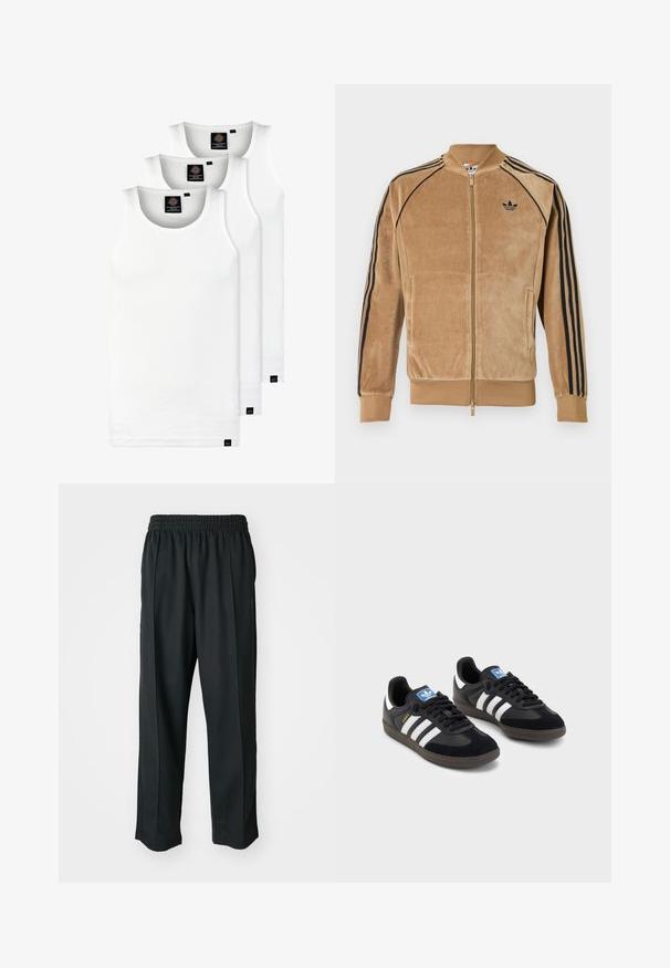 Aksamitna kurtka zapinana na zamek w jasnobrązowym kolorze, z czarnymi paskami po bokach, ściągaczami na mankietach oraz haftowanym logo na lewej piersi.; Trzy białe prążkowane koszulki na ramiączkach wykonane z bawełny. Posiadają okrągły dekolt i małe czarne metki blisko dolnego brzegu. Dostępne w różnych rozmiarach.; Czarne spodnie sportowe z elastycznym pasem, wykonane z gładkiego materiału, z subtelnym przeszyciem po bokach i luźnym krojem, prostą nogawką.; Czarne sneakersy z zamszową i syntetyczną cholewką, wyposażone w trzy białe paski, teksturowaną gumową podeszwę oraz niebieską metkę z logo na języku.