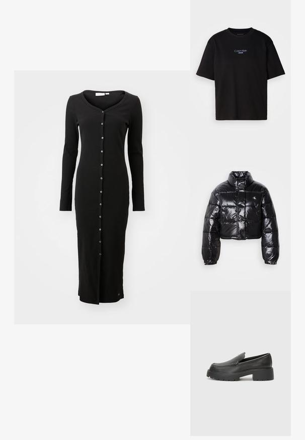 Fekete, fényes felületű, vágott pufi dzseki, magas gallérral, elülső cipzárral és logó részlettel. Tágas ujjakkal és steppelt részekkel rendelkezik.; Fekete, hosszú ujjú ruha bordázott anyagból, V-nyakkal és elöl gombos záródással, ezüst gombokkal. A szegélye kiemelt.; Fekete pamut póló kerek nyakkal, rövid ujjú, elöl kék hímzett "Calvin Klein JEANS" logóval.; Fekete bőr loafer cipők kerek orral, vastag, texturált talppal és minimális varrási részletekkel. Áramvonalas dizájn, látható fűzők vagy fém részek nélkül.