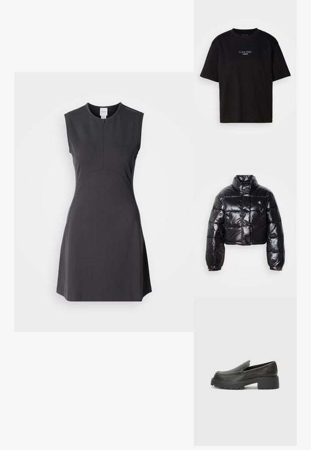 Skraćena crna jakna od puf materijala sa sjajnom završnom obradom, visokim ovratnikom, prednjim patentnim zatvaračem i detaljem s logotipom. Ima ogroman rukav i kviltane dijelove.; Crna haljina bez rukava napravljena od glatke tkanine, s visokim izrezom, prednjim zatvaračem i prilagođenim gornjim dijelom s raširenim rubom.; Crna pamučna majica s okruglim izrezom, kratkim rukavima i plavim izvezenim logom "Calvin Klein JEANS" na prednjoj strani.; Crne kožne loaferice s zaobljenim vrhom, debelim teksturiranim potplatom i minimalnim detaljima šivanja. Elegantna izrada bez vidljivih vezica ili metalnih elemenata.