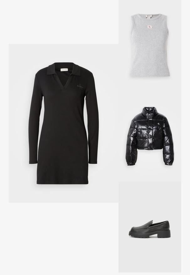 Zkrácená černá péřová bunda s lesklým povrchem, vysokým límcem, předním zipem a logem. Má široké rukávy a prošívané části.; Černé polo šaty s dlouhým rukávem, V-výstřihem, strukturovaným povrchem a jemným logem na levé části hrudi. Měkký materiál z bavlněné směsi.; Šedý tílko bez rukávů vyrobené z žebrované látky, s kulatým výstřihem a malou štítkem CK na přední straně. Jednoduchý a přiléhavý design.; Černé kožené mokasíny s okrouhlou špičkou, silnou strukturovanou podrážkou a minimálními detaily šití. Elegantní design bez viditelných tkaniček nebo kovových prvků.