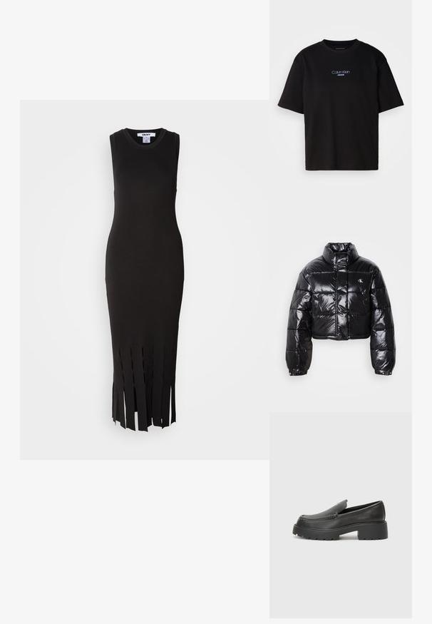 Avklippt svart pufferjacka med glänsande yta, hög krage, framfickor med dragkedja och logodetalj. Har överdimensionerade ärmar och vadderade sektioner.; Svart, ärmlös stickad klänning med en figurnära siluett och fransdetalj i fållen. Slät textur och minimalistisk design.; Svart bomulls T-shirt med rund nacke, korta ärmar och blå broderad "Calvin Klein JEANS" logotyp på framsidan.; Svarta läderloafers med rund tå, tjockt strukturerat såle och minimala sömnadsdetaljer. Snygg design utan synliga snören eller beslag.