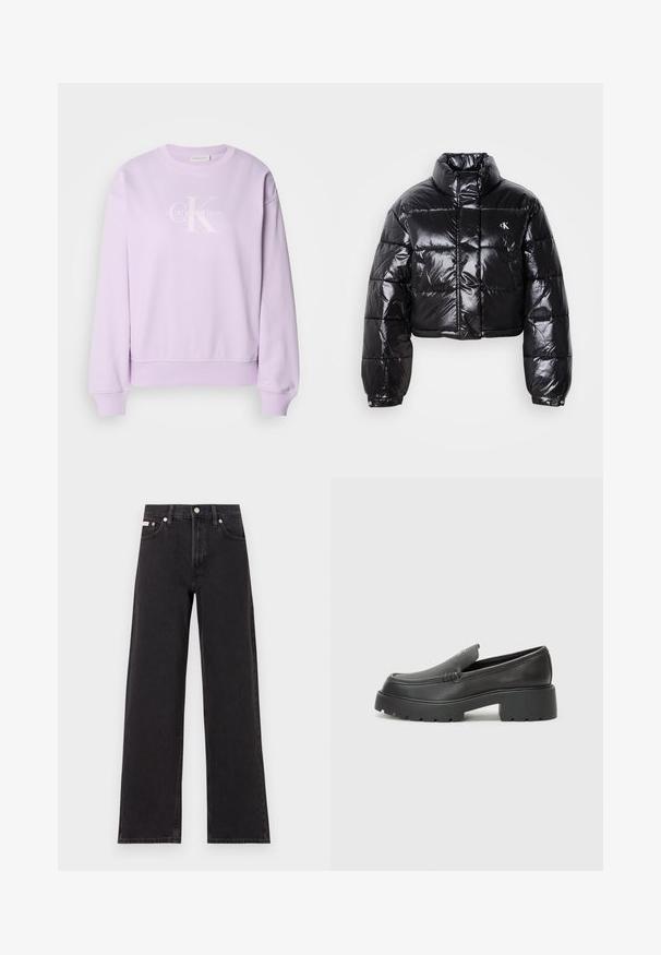 Zkrátená čierna prešívaná bunda s lesklým povrchom, vysokým golierom, predným zipsom a detailom loga. Obsahuje nadrozšírené rukávy a prešívané časti.; Fialová mikina vyrobená z mäkkého materiálu. Má okrúhly výstrih, dlhé rukávy, rebrované manžety a biele logo Calvin Klein na prednej strane.; Čierne široké džínsy vyrobené z denimu, s vysokým pásom, piatimi vreckami a kovovým zapínaním s kontrastným šitím.; Čierne kožené mokasíny s okrúhlou špičkou, hrubou textúrovanou podrážkou a minimom stehovej výzdoby. Štíhly dizajn bez viditeľných šnúr alebo kovania.