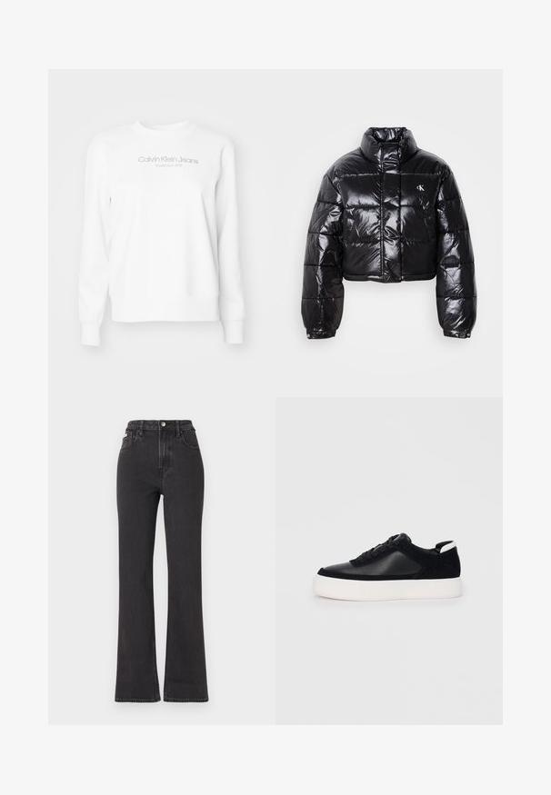 Chaqueta acolchada negra recortada con acabado brillante, cuello alto, cremallera frontal y detalle de logo. Presenta mangas oversize y secciones acolchadas.; Calvin Klein Jeans INSTITUTIONAL GRAPHIC - Sudadera - ivory; Jeans de cintura alta negros en tejido de mezclilla, con cierre de botón, presillas para cinturón y bolsillos laterales. Textura suave con un desvanecimiento mínimo.; Zapatilla negra con paneles de cuero liso y de ante, cordones planos, punta redondeada y una suela de goma blanca. Logotipo distintivo en el talón.