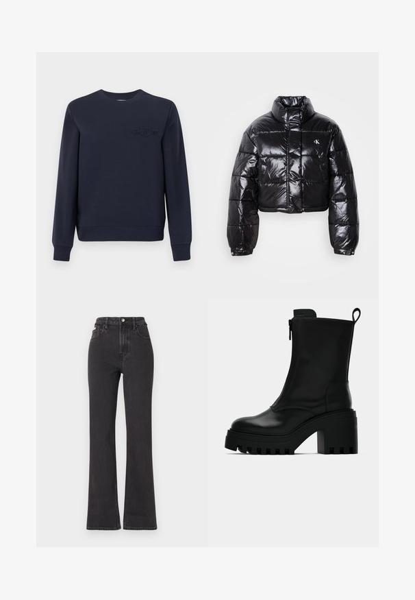 Zkrátená čierna prešívaná bunda s lesklým povrchom, vysokým golierom, predným zipsom a detailom loga. Obsahuje nadrozšírené rukávy a prešívané časti.; Námornícka modrá mikina vyrobená z mäkkej bavlny s okrúhlym výstrihom, rebrovanými manžetami a lemom. Obsahuje vyšívané logo na hrudi.; Čierne džíny s vysokým pásom a rozšírenými nohavicami vyrobené z denimu, s gombíkovým zapínaním, pútkami na opasok a bočnými vreckami. Hladká textúra s minimálnym ošúchaním.; Čierne kožené členkové čižmy s robustnou podrážkou, blokovým podpätkom, bočným zipsom a pútkom na zadnej strane na jednoduchom bielom pozadí.