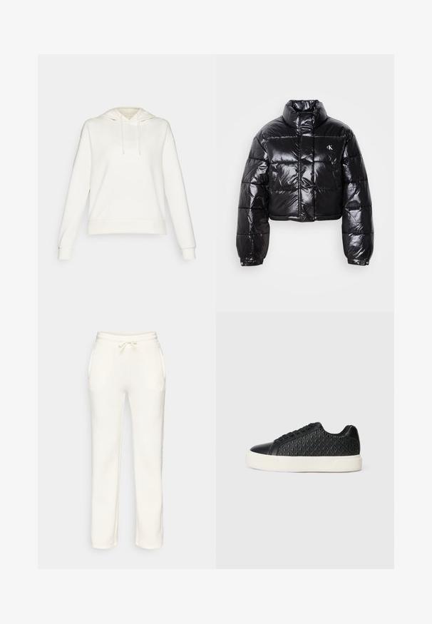 Gekürzte schwarze Steppjacke mit glänzender Oberfläche, hohem Kragen, Frontreißverschluss und Logodetail. Verfügt über übergroße Ärmel und gesteppte Abschnitte.; Weißer Hoodie mit Kordelzugkapuze, langen Ärmeln und gerippten Bündchen. Ausgeschlossen ist die sanfte Stoffoberfläche und eine lässige Passform.; Weiße Jogginghose mit elastischem Bund, Kordelzug und Seitentaschen, vor einem schlichten Hintergrund präsentiert.; Schwarze Sneakers mit einem strukturierten diagonalen Rautenmuster, schwarzer Schnürung und einer weißen Gummisohle. Die Seitenansicht zeigt das elegante Design.