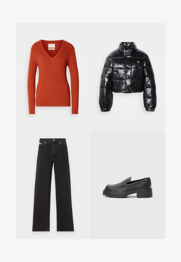 Veste doudoune noire coupée avec finition brillante, col haut, fermeture éclair à l'avant et détail de logo. Présente des manches surdimensionnées et des sections matelassées.; Pull en tricot rouge avec un col en V et des manches longues. Présente des poignets et un ourlet côtelés, ainsi qu'un petit logo sur la poitrine gauche.; Jeans noirs à jambes larges en denim, avec une taille haute, une coupe à cinq poches et une fermeture à bouton en métal avec des coutures contrastantes.; Mocassins en cuir noir avec un bout arrondi, une semelle épaisse et texturée, et des détails de couture minimalistes. Design épuré sans lacets ni métal visibles.