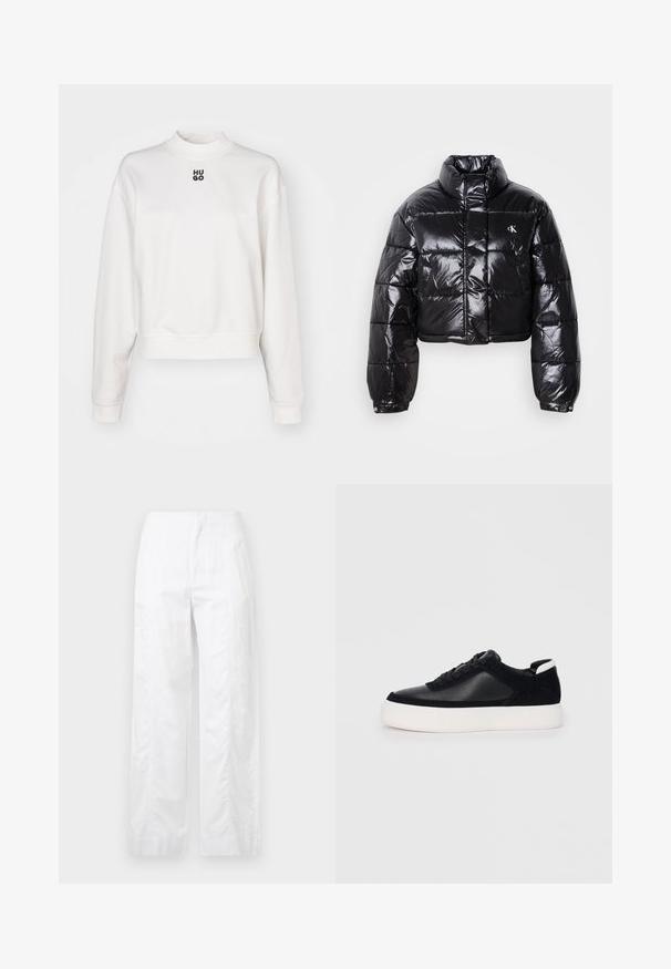Jachetă puffer neagră scurtă cu finisaj lucios, guler înalt, fermoar frontal și detaliu cu logo. Are mâneci supradimensionate și secțiuni quilted.; HUGO DAXANDRIA - Bluză de molton - natural; Pantaloni albi cu croială largă, fabricați dintr-un material ușor, având o textură netedă, linii curate și un design cu talie înaltă.; Sneaker negru cu piele netedă și panouri din întăritură, șireturi plate, vârf rotund și talpă din cauciuc alb. Logo distinct pe călcâi.
