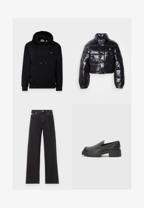 Zkrácená černá péřová bunda s lesklým povrchem, vysokým límcem, předním zipem a logem. Má široké rukávy a prošívané části.; Černá mikina s kapucí, přední kapsou, šňůrkami na stažení a měkkou tkaninou. Obsahuje malé vyšívané logo na hrudi a žebrované manžety.; Černé široké jeansy vyrobené z denimu, s vysokým pasem, pěti kapsami a kovovým zapínáním s kontrastním prošíváním.; Černé kožené mokasíny s okrouhlou špičkou, silnou strukturovanou podrážkou a minimálními detaily šití. Elegantní design bez viditelných tkaniček nebo kovových prvků.
