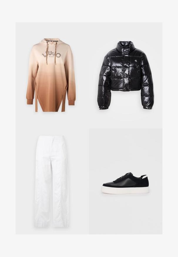 Zkrátená čierna prešívaná bunda s lesklým povrchom, vysokým golierom, predným zipsom a detailom loga. Obsahuje nadrozšírené rukávy a prešívané časti.; Mikina s kapucňou v prechode farieb od béžovej po hnedú, s logom v metalickom dokončení, bočnými rozparkami a rebrovanými manžetami. Hladký, jemný povrch.; Biele široké nohavice z ľahkej látky, s hladkou textúrou, čistými líniami a vysokým pásom.; Čierne tenisky s hladkou kožou a semišovými panelmi, plochými šnúrkami, zaoblenou špičkou a bielou gumovou podrážkou. Výrazné logo na päte.