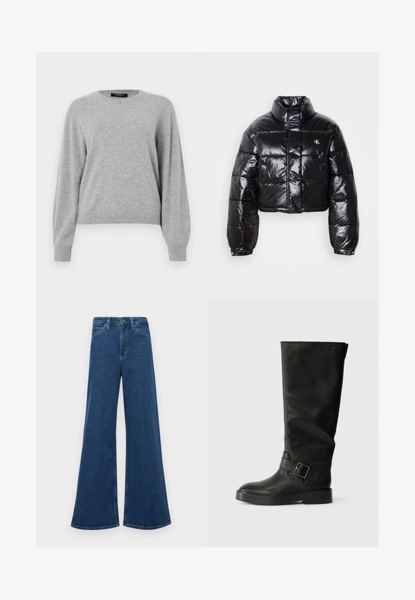 Fekete, fényes felületű, vágott pufi dzseki, magas gallérral, elülső cipzárral és logó részlettel. Tágas ujjakkal és steppelt részekkel rendelkezik.; Világosszürke pulóver, puha anyagból készült. Kerek nyakú, hosszú ujjal, laza fazonú, bordás mandzsettával és aljjal.; Kék farmerből készült, bővülő szárú, magas derekú farmernadrág, öt zsebbel, gombos záródással és kontrasztos varrásokkal az összehúzott részeknél.; Fekete, térdig érő csizmák, sima bőrből, lekerekített orral, vastag talppal és egy vízszintes pánttal, amely téglalap alakú csat részlettel rendelkezik.