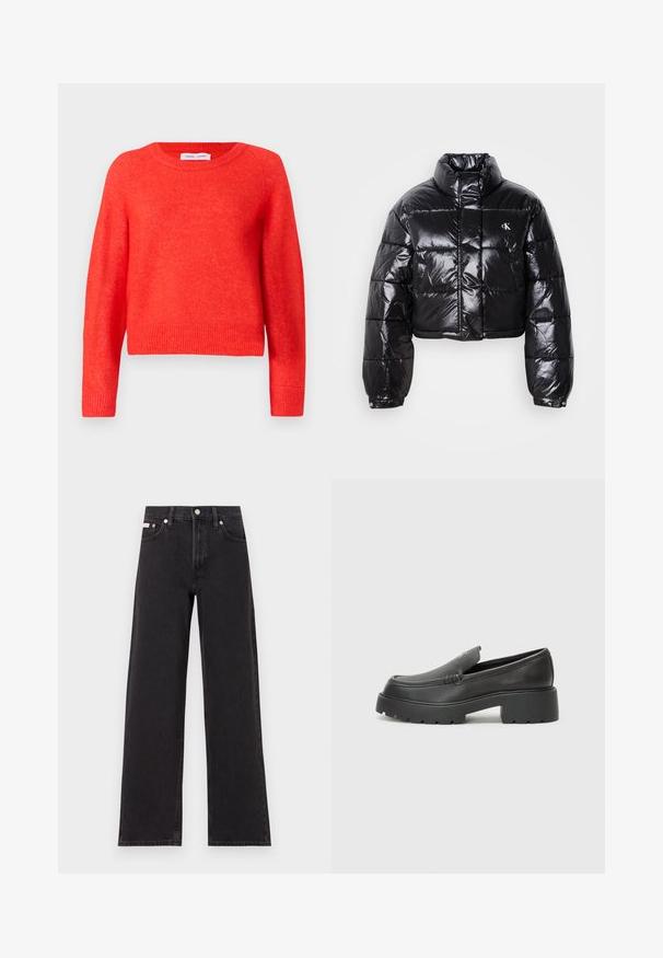 Fekete, fényes felületű, vágott pufi dzseki, magas gallérral, elülső cipzárral és logó részlettel. Tágas ujjakkal és steppelt részekkel rendelkezik.; Piros, rövidített pulóver puha anyagból. Kerek nyakkivágás, hosszú ujjú, bordázott szegés részletekkel. Enyhén texturált felület.; Fekete, bőszárú farmernadrág, magas derekú, öt zsebes kialakítással és fém gombos záródással, kontrasztos varrással.; Fekete bőr loafer cipők kerek orral, vastag, texturált talppal és minimális varrási részletekkel. Áramvonalas dizájn, látható fűzők vagy fém részek nélkül.