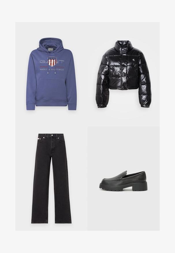 Trumpas juodas pūkinis paltas su blizgiu paviršiumi, aukšta apykakle, priekiniais užtrauktukais ir logotipo detalėmis. Yra plačios rankovės ir siuvinėtos dalys.; GANT ARCHIVE SHIELD HOODIE - Sportinis megztinis - dusty navy; Juodos plačios kojų džinsai, pagaminti iš džinsinio audinio, su aukštu liemeniu, penkių kišenių stiliumi ir metaline sagte su kontrastingo siuvimo detalėmis.; Juodi odiniai loaferiai su apvaliu pirštu, storu tekstūruotu padu ir minimaliu siūlių dekoru. Išskirtinis dizainas be matomų raištelių ar furnitūros.