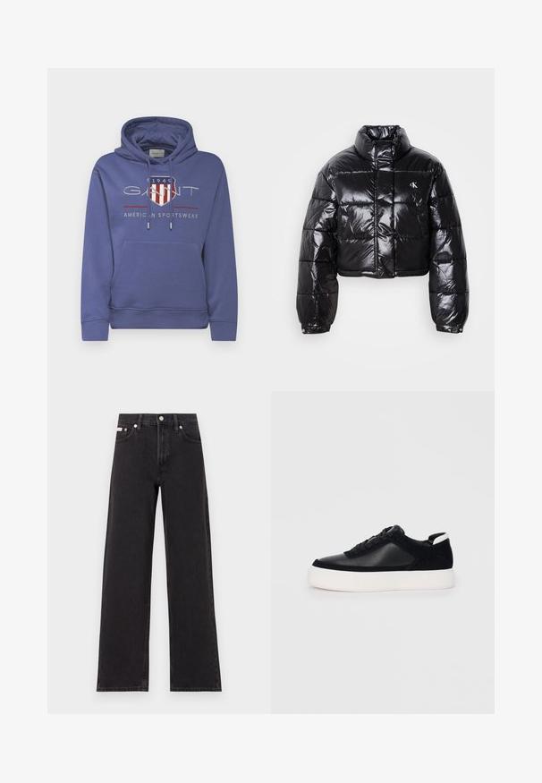 Skraćena crna jakna od puf materijala sa sjajnom završnom obradom, visokim ovratnikom, prednjim patentnim zatvaračem i detaljem s logotipom. Ima ogroman rukav i kviltane dijelove.; GANT ARCHIVE SHIELD HOODIE - Sportska majica - dusty navy; Crne široke traperice od denima, s visokim strukom, pet džepova i metalnim zatvaranjem s kontrastnim šavovima.; Crne tenisice s glatkom kožom i panelima od antilopa, ravne vezice, zaobljenim vrhom i bijelim gumeni potplat. Izraziti logo na peti.