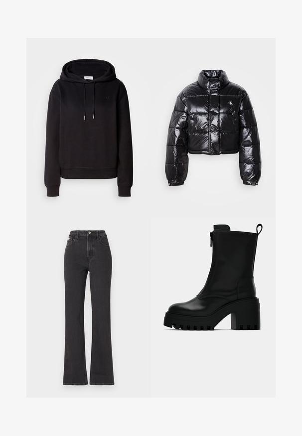 Cropped black puffer jacket with glossy finish, high collar, front zipper, and logo detail. Features oversized sleeves and quilted sections.; Black hooded sweatshirt with a relaxed fit, drawstring, and embroidered logo on the chest. Soft fabric and ribbed cuffs and hem.; Black high-waisted flared jeans made of denim, featuring a button closure, belt loops, and side pockets. Smooth texture with minimal fading.; Black leather ankle boot with chunky lug sole, block heel, side zipper, and pull tab at the back on plain white background.