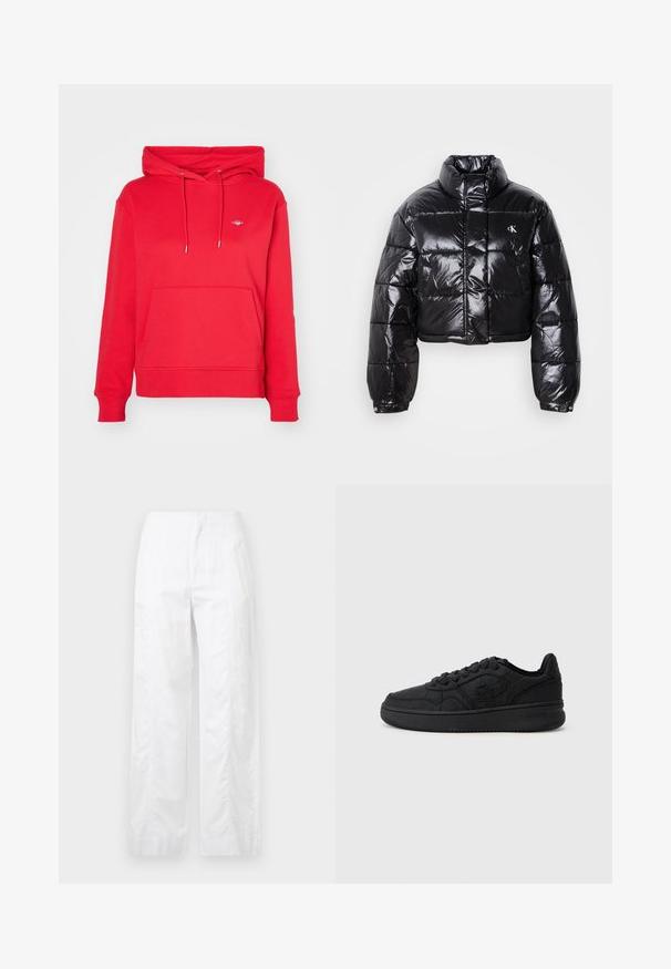 Κομμένο μαύρο μπουφάν τύπου puffer με γυαλιστερή επιφάνεια, ψηλό γιακά, μπροστινό φερμουάρ και λεπτομέρεια λογότυπου. Διαθέτει υπερμεγέθη μανίκια και ραμμένα τμήματα.; GANT SHIELD HOODIE - Φούτερ - bright red; Λευκά παντελόνια με φαρδιά γραμμή, κατασκευασμένα από ελαφρύ ύφασμα, με απλή υφή, καθαρές γραμμές και ψηλή ζώνη.; Μαύρο αθλητικό sneaker με υφή επιφάνειας και γεωμετρικά σχέδια, μαξιλαρωμένος λαιμός και ελαστική σόλα, σχεδιασμένο για άνεση και στυλ.