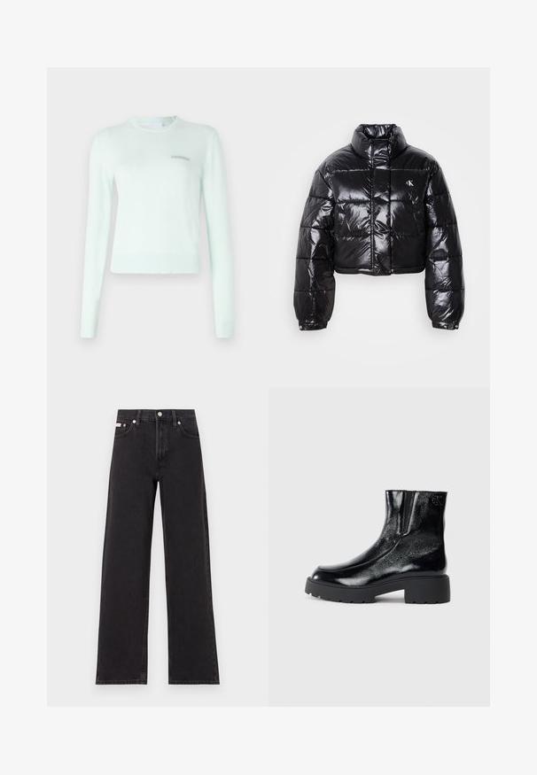 Cropped black puffer jacket with glossy finish, high collar, front zipper, and logo detail. Features oversized sleeves and quilted sections.; Mint green sweater made of soft fabric, featuring long sleeves, a ribbed neckline and cuffs, and a small embroidered logo on the chest.; Black wide-leg jeans made of denim, featuring a high-rise waist, five-pocket styling, and a metal button closure with contrasting stitching.; Black ankle boots with a glossy patent leather finish, chunky black rubber sole, and raised heel; includes subtle logo detail on the side.