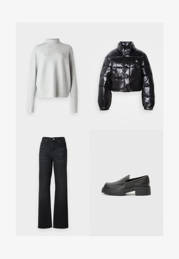 Krótkia czarna kurtka puchowa o błyszczącym wykończeniu, z wysokim kołnierzem, przednim zapięciem na zamek i detalem logo. Posiada obszerne rękawy i pikowane sekcje.; Jasnoszary sweter typu golf, wykonany z miękkiego materiału, z długimi rękawami i luźnym krojem, o gładkiej, delikatnej fakturze.; Czarne dżinsy o szerokich nogawkach i wysokim stanie, pięć kieszeni w projekcie oraz srebrny metalowy guzik. Materiał ma gładką teksturę i delikatny stretch.; Czarne skórzane mokasyny z zaokrąglonym noskiem, grubą fakturowaną podeszwą oraz minimalnymi detalami szycia. Elegancki design bez widocznych sznurowadeł czy elementów metalowych.