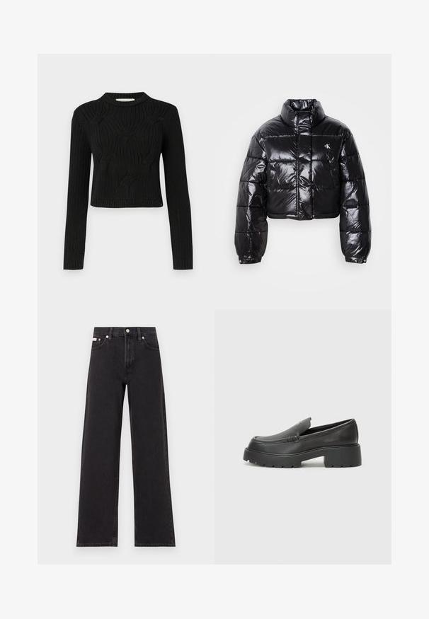 Casaco puffer preto cropped com acabamento brilhante, gola alta, fecho éclair à frente e detalhe de logótipos. Apresenta mangas oversized e secções acolchoadas.; Suéter de malha preto com um design cropped, mangas longas e padrões texturizados em ripas na parte da frente e nas costas.; Jeans de perna larga pretos feitos de denim, apresentando uma cintura alta, estilo de cinco bolsos e um fecho em botão de metal com costura contrastante.; Mocassins de couro preto com bico arredondado, sola espessa e texturizada, e detalhes de costura minimalistas. Design elegante sem atacadores ou ferragens visíveis.