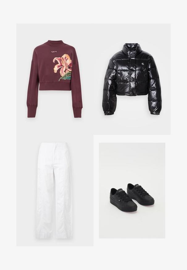 Veste doudoune noire coupée avec finition brillante, col haut, fermeture éclair à l'avant et détail de logo. Présente des manches surdimensionnées et des sections matelassées.; Sweatshirt court bordeaux avec des poignets et un col côtelés, présentant un grand imprimé de fleurs roses et oranges ainsi qu'un petit logo de la marque sur la poitrine.; Pantalons larges blancs en tissu léger, présentant une texture lisse, des lignes épurées et une taille haute.; Baskets basses noires en matériau lisse, avec des lacets épais, une semelle texturée et un petit logo sur le côté et la languette.